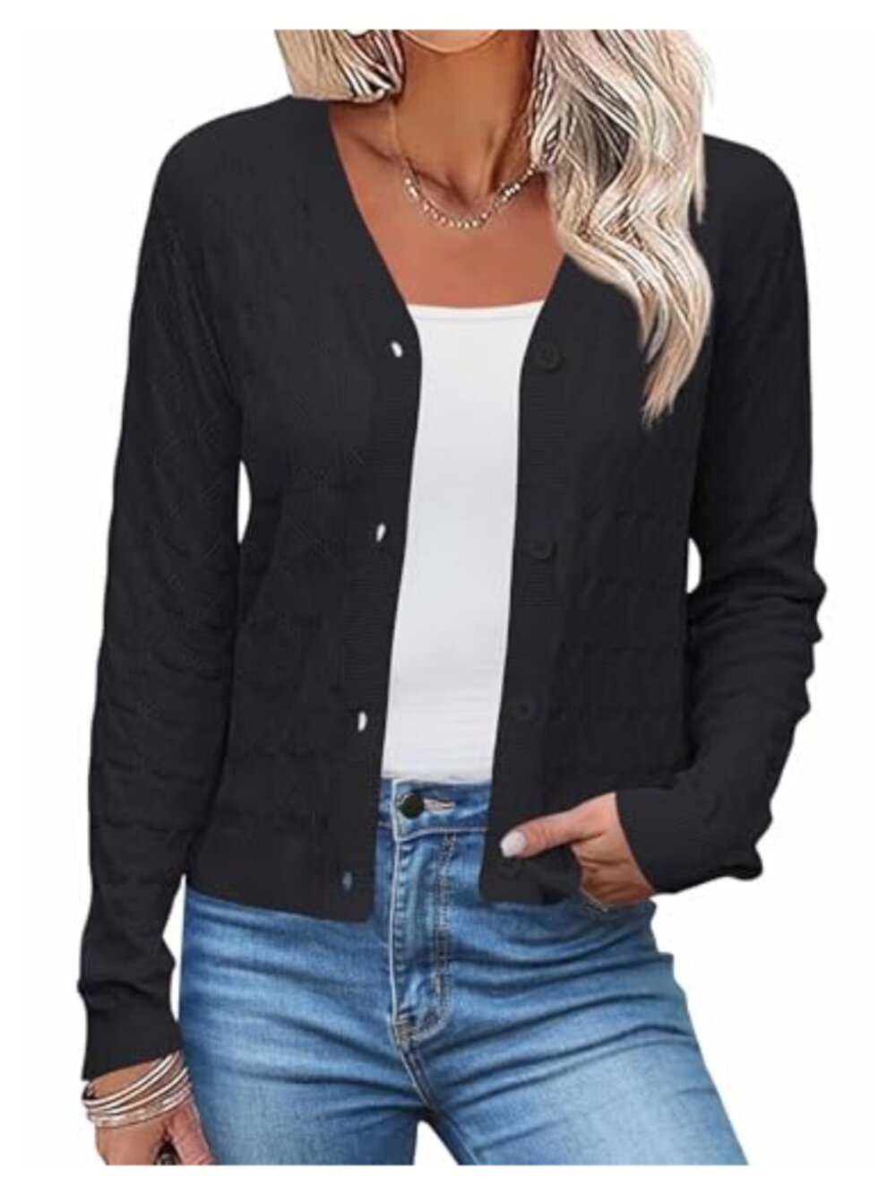 Women's Lightweight Crochet Knit Cardigan V-Neck Long Sleeve Button Down Open